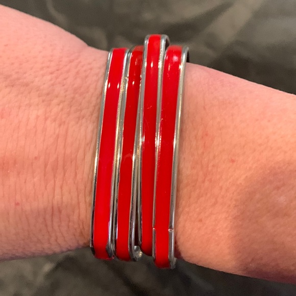 Jewelry - Costume set of 4 silver and red square bangle bracelets